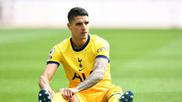 NEWCASTLE UPON TYNE, ENGLAND - APRIL 04: Erik Lamela of Tottenham Hotspur pulls up his socks as he sits down during the Premier League match between Newcastle United and Tottenham Hotspur at St. James Park on April 04, 2021 in Newcastle upon Tyne, England. Sporting stadiums around the UK remain under strict restrictions due to the Coronavirus Pandemic as Government social distancing laws prohibit fans inside venues resulting in games being played behind closed doors. (Photo by Peter Powell - Pool/Getty Images)