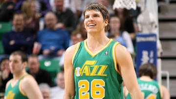 SALT LAKE CITY - FEBRUARY 27: Kyle Korver #26 of the Utah Jazz smiles on the court during the game against the Houston Rockets on February 27, 2010 at EnergySolutions Arena in Salt Lake City, Utah. The Jazz won 133-110. Copyright 2010 NBAE (Photo by Melissa Majchrzak/NBAE via Getty Images)