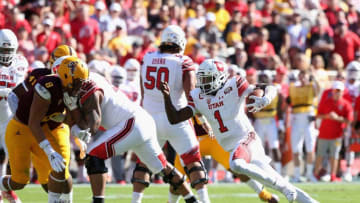 TEMPE, AZ - NOVEMBER 03: Quarterback Tyler Huntley #1 of the Utah Utes scrambles with the football during the first half of the college football game against the Arizona State Sun Devils at Sun Devil Stadium on November 3, 2018 in Tempe, Arizona. (Photo by Christian Petersen/Getty Images)