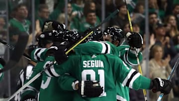 DALLAS, TX - OCTOBER 13: The Dallas Stars celebrate a goal by John Klingberg #3 of the Dallas Stars in the second period against the Anaheim Ducks at American Airlines Center on October 13, 2018 in Dallas, Texas. (Photo by Ronald Martinez/Getty Images)