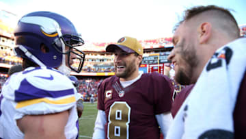 LANDOVER, MD - NOVEMBER 13: Quarterback Kirk Cousins #8 of the Washington Redskins meets with outside linebacker Chad Greenway #52 of the Minnesota Vikings after the Washington Redskins defeated the Minnesota Vikings 26-20 at FedExField on November 13, 2016 in Landover, Maryland. (Photo by Patrick Smith/Getty Images)