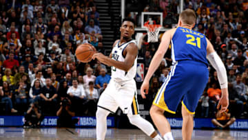 SALT LAKE CITY, UT - OCTOBER 19: Donovan Mitchell #45 of the Utah Jazz handles the ball against the Golden State Warriors during a game on October 19, 2018 at Vivint Smart Home Arena in Salt Lake City, Utah. NOTE TO USER: User expressly acknowledges and agrees that, by downloading and/or using this Photograph, user is consenting to the terms and conditions of the Getty Images License Agreement. Mandatory Copyright Notice: Copyright 2018 NBAE (Photo by Garrett Ellwood/NBAE via Getty Images)