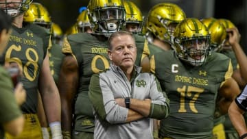 Nov 12, 2016; San Antonio, TX, USA; Notre Dame Fighting Irish head coach Brian Kelly waits to take the field for the game against the Army Black Knights at the Alamodome. Mandatory Credit: Matt Cashore-USA TODAY Sports