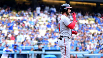 LOS ANGELES, CA - JUNE 07: Bryce Harper #34 of the Washington Nationals reacts after his strikeout to end the first inning against the Los Angeles Dodgers at Dodger Stadium on June 7, 2017 in Los Angeles, California. (Photo by Harry How/Getty Images)