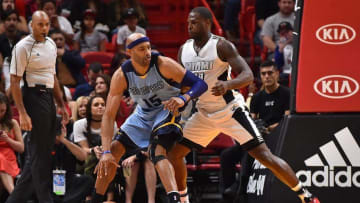 Nov 26, 2016; Miami, FL, USA; Memphis Grizzlies guard Vince Carter (15) controls the ball around Miami Heat guard Dion Waiters (11) during the second half at American Airlines Arena. The Memphis Grizzlies defeat the Miami Heat 110-107. Mandatory Credit: Jasen Vinlove-USA TODAY Sports