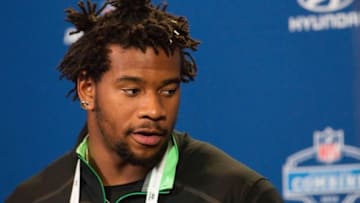 Feb 26, 2016; Indianapolis, IN, USA; Mississippi defensive lineman Robert Nkemdiche speaks to the media during the 2016 NFL Scouting Combine at Lucas Oil Stadium. Mandatory Credit: Trevor Ruszkowski-USA TODAY Sports