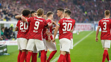 SC Freiburg players celebrate a goal. (Photo by Christian Kaspar-Bartke/Getty Images)