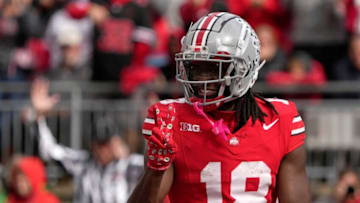 Oct. 7, 2023; Columbus, Oh., USA;Ohio State Buckeyes wide receiver Marvin Harrison Jr. (18) celebrates after scoring a touchdown during the second half of Saturday's NCAA Division I football game against the Maryland Terrapins at Ohio Stadium.