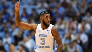 Dec 13, 2022; Chapel Hill, North Carolina, USA; North Carolina Tar Heels guard Dontrez Styles (3) reacts after hitting a three point shot in the first half at Dean E. Smith Center. Mandatory Credit: Bob Donnan-USA TODAY Sports