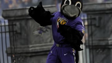 BALTIMORE, MARYLAND - SEPTEMBER 29: The Baltimore Ravens Mascot runs on the field prior to the game against the Cleveland Browns at M&T Bank Stadium on September 29, 2019 in Baltimore, Maryland. (Photo by Todd Olszewski/Getty Images)