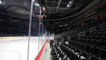 WASHINGTON, DC - MARCH 12: The ice and spectator seating is empty prior to the Detroit Red Wings playing against the Washington Capitals at Capital One Arena on March 12, 2020 in Washington, DC. Yesterday, the NBA suspended their season until further notice after a Utah Jazz player tested positive for the coronavirus (COVID-19). The NHL said per a release, that the uncertainty regarding next steps regarding the coronavirus, Clubs were advised not to conduct morning skates, practices or team meetings today. (Photo by Patrick Smith/Getty Images)
