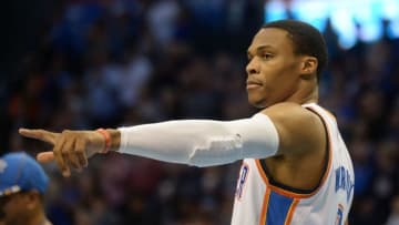 Nov 7, 2016; Oklahoma City, OK, USA; Oklahoma City Thunder guard Russell Westbrook (0) takes the court prior to action against the Miami Heat at Chesapeake Energy Arena. Mandatory Credit: Mark D. Smith-USA TODAY Sports