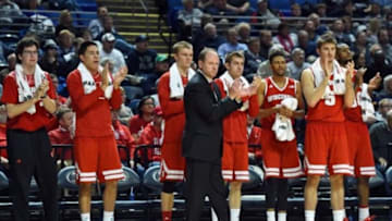 Jan 21, 2016; University Park, PA, USA; Wisconsin Badgers interim head coach Greg Gard reacts to a play from the bench against the Penn State Nittany Lions during the first half at the Bryce Jordan Center. Mandatory Credit: Rich Barnes-USA TODAY Sports