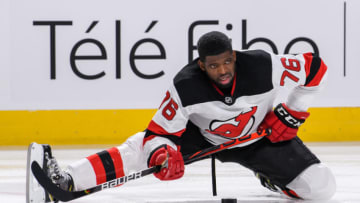 MONTREAL, QC - NOVEMBER 28: P.K. Subban (76) of the New Jersey Devils stretches during the warmup of the NHL game between the New Jersey Devils and the Montreal Canadiens on November 28, 2019, at the Bell Centre in Montreal, QC (Photo by Vincent Ethier/Icon Sportswire via Getty Images)MONTREAL, QC - NOVEMBER 28: (Photo by Vincent Ethier/Icon Sportswire via Getty Images)