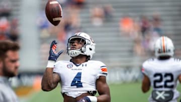 Auburn football running back Tank Bigsby (4) during warm ups before Auburn football A-Day spring game at Jordan-Hare Stadium in Auburn, Ala., on Saturday, April 17, 2021.