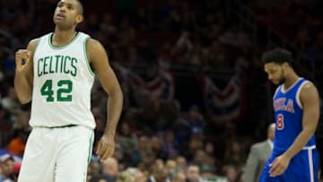 PHILADELPHIA, PA - DECEMBER 3: Al Horford #42 of the Boston Celtics reacts in front of Jahlil Okafor #8 of the Philadelphia 76ers in the fourth quarter at Wells Fargo Center on December 3, 2016 in Philadelphia, Pennsylvania. The Celtics defeated the 76ers 107-106. NOTE TO USER: User expressly acknowledges and agrees that, by downloading and or using this photograph, User is consenting to the terms and conditions of the Getty Images License Agreement. (Photo by Mitchell Leff/Getty Images)