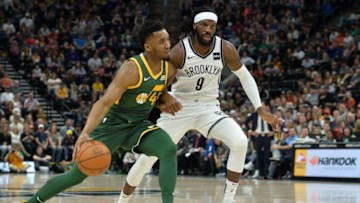 SALT LAKE CITY, UT - MARCH 16: DeMarre Carroll #9 of the Brooklyn Nets guards Donovan Mitchell #45 of the Utah Jazz during a game at Vivint Smart Home Arena on March 16, 2019 in Salt Lake City, Utah. (Photo by Alex Goodlett/Getty Images)