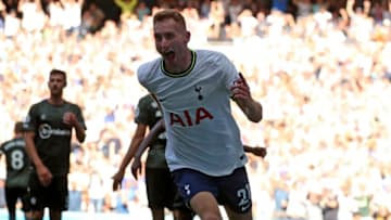 Tottenham Hotspur's Swedish midfielder Dejan Kulusevski (C) celebrates after scoring their fourth goal during the English Premier League football match between Tottenham Hotspur and Southampton at Tottenham Hotspur Stadium in London, on August 6, 2022. - - RESTRICTED TO EDITORIAL USE. No use with unauthorized audio, video, data, fixture lists, club/league logos or 'live' services. Online in-match use limited to 120 images. An additional 40 images may be used in extra time. No video emulation. Social media in-match use limited to 120 images. An additional 40 images may be used in extra time. No use in betting publications, games or single club/league/player publications. (Photo by CHRIS RADBURN / AFP) / RESTRICTED TO EDITORIAL USE. No use with unauthorized audio, video, data, fixture lists, club/league logos or 'live' services. Online in-match use limited to 120 images. An additional 40 images may be used in extra time. No video emulation. Social media in-match use limited to 120 images. An additional 40 images may be used in extra time. No use in betting publications, games or single club/league/player publications. / RESTRICTED TO EDITORIAL USE. No use with unauthorized audio, video, data, fixture lists, club/league logos or 'live' services. Online in-match use limited to 120 images. An additional 40 images may be used in extra time. No video emulation. Social media in-match use limited to 120 images. An additional 40 images may be used in extra time. No use in betting publications, games or single club/league/player publications. (Photo by CHRIS RADBURN/AFP via Getty Images)