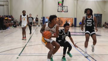 July 5, 2023; North Augusta, S.C., USA; Team Thad Labaron Philon (11) looks to the basket during the Team Thad and NJ Scholars game at third day of the Peach Jam in Riverview Park Activities Center. Team Thad defeated NJ Scholars 67-59. Mandatory Credit: Katie Goodale-USA TODAY Network