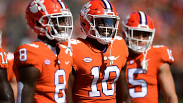Sep 11, 2021; Clemson, South Carolina, USA; Clemson Tigers wide receiver Justyn Ross (8) and wide receiver Joseph Ngata (10) before the game against the South Carolina State Bulldogs at Memorial Stadium. Mandatory Credit: Adam Hagy-USA TODAY Sports