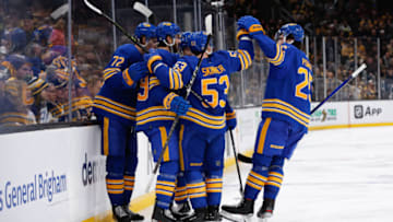 BOSTON, MA - DECEMBER 31: Alex Tuch #89 of the Buffalo Sabres celebrates his goal against the Boston Bruins during the second period with his teammates Owen Power #25, Tage Thompson #72, Ilya Lyubushkin #46 and Jeff Skinner #53 at the TD Garden on December 31, 2022 in Boston, Massachusetts. The Sabres won 4-3 in overtime. (Photo by Richard T Gagnon/Getty Images)