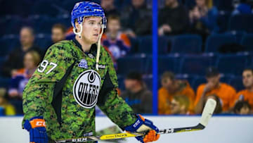 Mar 12, 2016; Edmonton, Alberta, CAN; Edmonton Oilers center Connor McDavid (97) skates during the warmup period against the Arizona Coyotes at Rexall Place. Arizona Coyotes won 4-0. Mandatory Credit: Sergei Belski-USA TODAY Sports