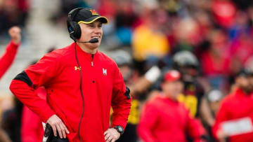 Nov 26, 2016; College Park, MD, USA; Maryland Terrapins head coach DJ Durkin reacts in the third quarter against the Rutgers Scarlet Knights at Capital One Field at Maryland Stadium. Mandatory Credit: Patrick McDermott-USA TODAY Sports
