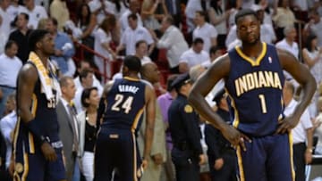 May 26, 2014; Miami, FL, USA; Indiana Pacers guard Lance Stephenson (1) reacts against the Miami Heat in game four of the Eastern Conference Finals of the 2014 NBA Playoffs at American Airlines Arena. Mandatory Credit: Steve Mitchell-USA TODAY Sports