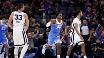 SACRAMENTO, CALIFORNIA - DECEMBER 21: Buddy Hield #24 of the Sacramento Kings reacts after making a basket against the Memphis Grizzlies at Golden 1 Center on December 21, 2018 in Sacramento, California. NOTE TO USER: User expressly acknowledges and agrees that, by downloading and or using this photograph, User is consenting to the terms and conditions of the Getty Images License Agreement. (Photo by Ezra Shaw/Getty Images)