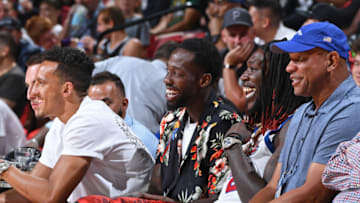 LAS VEGAS, NV - JULY 7: Landry Shamet #20, Patrick Beverley #21, Montrezl Harrell #5, and Head Coach Doc Rivers during Day 3 of the 2019 Las Vegas Summer League on July 7, 2019 at the Thomas & Mack Center in Las Vegas, Nevada. NOTE TO USER: User expressly acknowledges and agrees that, by downloading and/or using this Photograph, user is consenting to the terms and conditions of the Getty Images License Agreement. Mandatory Copyright Notice: Copyright 2019 NBAE (Photo by Garrett Ellwood/NBAE via Getty Images)