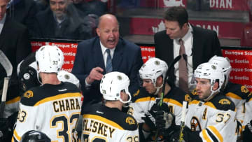 Dec 9, 2015; Montreal, Quebec, CAN;Boston Bruins head coach Claude Julien talks to players during the third period against Montreal Canadiens at Bell Centre. Mandatory Credit: Jean-Yves Ahern-USA TODAY Sports