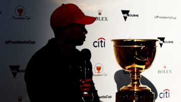 MELBOURNE, AUSTRALIA - DECEMBER 06: Tiger Woods speaks next to the Presidents Cup during a Presidents Cup media opportunity at the Yarra Promenade on December 5, 2018 in Melbourne, Australia. The Presidents Cup 2019 will be held on December 9-15, 2019, when it returns to the prestigious Royal Melbourne Golf Club in Australia. (Photo by Scott Barbour/Getty Images)
