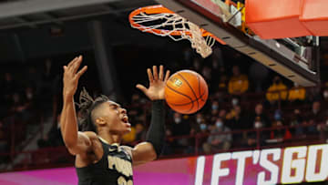 Feb 2, 2022; Minneapolis, Minnesota, USA; Purdue Boilermakers guard Jaden Ivey (23) reacts to a dunk against the Minnesota Gophers during the second half at Williams Arena. Mandatory Credit: Matt Krohn-USA TODAY Sports