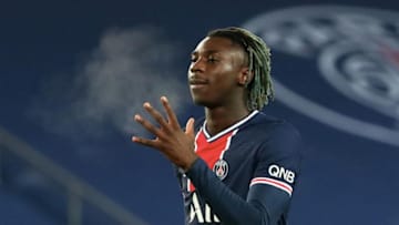 PARIS, FRANCE - JANUARY 9: Moise Kean of Paris Saint-Germain celebrates his goal during Ligue 1 match between Paris Saint-Germain and Stade Brest at Parc des Princes on January 9, 2021 in Paris, France. (Photo by Xavier Laine/Getty Images)