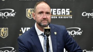 LAS VEGAS, NEVADA - FEBRUARY 08: Vegas Golden Knights head coach Peter DeBoer addresses the media after a shootout loss to the Carolina Hurricanes at T-Mobile Arena on February 08, 2020 in Las Vegas, Nevada. (Photo by Jeff Bottari/NHLI via Getty Images)