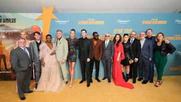 NEW YORK, NEW YORK - APRIL 30: (L-R) Jess Bush, Bruce Horak, Celia Rose Gooding, Anson Mount, Rebecca Romijn, Ethan Peck, Babs Olusanmokun, Alex Kurtzman, Christina Chong, Melissa Navia, Henry Alonso Myers, Akiva Goldsman, Aaron Baiers, guest, and Trevor Roth attend the New York premiere of "Star Trek: Strange New Worlds" at AMC Lincoln Square Theater on April 30, 2022 in New York City. (Photo by Hatnim Lee/WireImage)