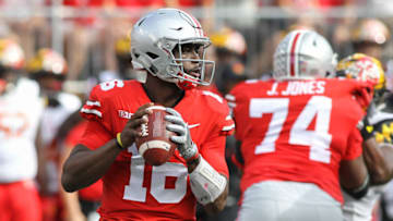 COLUMBUS, OH - OCTOBER 07: Ohio State Buckeyes quarterback J.T. Barrett (16) looks for an open receiver during game action between the Maryland Terrapins and the Ohio State Buckeyes (10) on October 7, 2017 at Ohio Stadium in Columbus, Ohio. Ohio State defeated Maryland 62-14. (Photo by Scott W. Grau/Icon Sportswire via Getty Images)