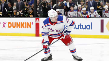 BOSTON, MA - NOVEMBER 29: New York Rangers defenseman Adam Fox (23) lines up a shot during a game between the Boston Bruins and the New York Rangers on November 29, 2019, at TD Garden in Boston, Massachusetts. (Photo by Fred Kfoury III/Icon Sportswire via Getty Images)