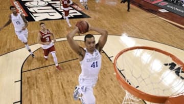 Apr 4, 2015; Indianapolis, IN, USA; Kentucky Wildcats forward Trey Lyles (41) dunks the ball during the first half against the Wisconsin Badgers of the 2015 NCAA Men's Division I Championship semi-final game at Lucas Oil Stadium. Mandatory Credit: Chris Steppig/NCAA Photos-Pool Photo via USA TODAY Sports