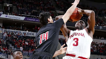 Dec 31, 2016; Indianapolis, IN, USA; Indiana Hoosiers forward OG Anunoby (3) takes a shot against Louisville Cardinals forward Anas Mahmoud (14) at Bankers Life Fieldhouse. Louisville defeats Indiana 77-62. Mandatory Credit: Brian Spurlock-USA TODAY Sports