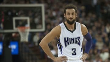 Dec 27, 2015; Sacramento, CA, USA; Sacramento Kings guard Marco Belinelli (3) looks on during the fourth quarter of the game against the Portland Trail Blazers at Sleep Train Arena. The Portland Trail Blazers defeated the Sacramento Kings 98-94. Mandatory Credit: Ed Szczepanski-USA TODAY Sports