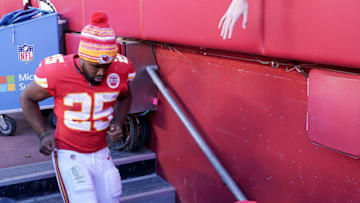 Dec 12, 2021; Kansas City, Missouri, USA; Kansas City Chiefs running back Clyde Edwards-Helaire (25) greets fans while leaving the field after the win over the Las Vegas Raiders at GEHA Field at Arrowhead Stadium. Mandatory Credit: Denny Medley-USA TODAY Sports