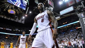 May 24, 2014; Miami, FL, USA; Miami Heat forward LeBron James (6) reacts following a basket against the Indiana Pacers in game three of the Eastern Conference Finals of the 2014 NBA Playoffs at American Airlines Arena. Mandatory Credit: Steve Mitchell-USA TODAY Sports
