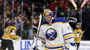 LAS VEGAS, NEVADA - FEBRUARY 01: Craig Anderson #41 of the Buffalo Sabres reacts after Keegan Kolesar #55 of the Vegas Golden Knights scored a second-period short-handed goal against him during their game at T-Mobile Arena on February 1, 2022 in Las Vegas, Nevada. The Golden Knights defeated the Sabres 5-2. (Photo by Ethan Miller/Getty Images)