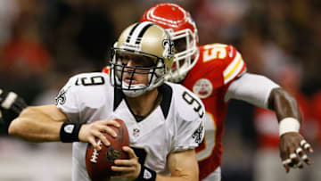 NEW ORLEANS, LA - SEPTEMBER 23: Drew Brees #9 of the New Orleans Saints throws under pressure from Jovan Belcher #59 of the Kansas City Chiefs at the Mercedes-Benz Superdome on September 23, 2012 in New Orleans, Louisiana. (Photo by Chris Graythen/Getty Images)
