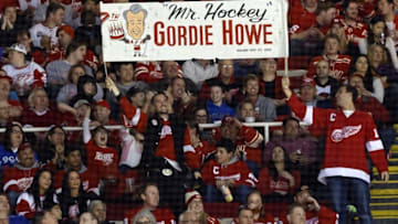 Mar 31, 2015; Detroit, MI, USA; Fans hold up a sign for Detroit Red Wings former player Gordie Howe during the first period against the Ottawa Senators at Joe Louis Arena. Mandatory Credit: Rick Osentoski-USA TODAY Sports