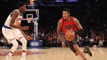 Nov 20, 2016; New York, NY, USA; Atlanta Hawks forward Kent Bazemore (24) drives around New York Knicks guard Justin Holiday (8) during the fourth quarter at Madison Square Garden. New York Knicks won 104-94. Mandatory Credit: Anthony Gruppuso-USA TODAY Sports