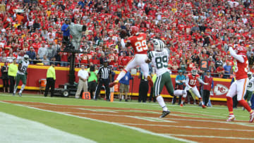 KANSAS CITY, MO - SEPTEMBER 25: Safety Eric Berry #29 of the Kansas City Chiefs has an Interception in the End Zone against the New York Jets on September 25, 2016 at Arrowhead Stadium in Kansas City, Missouri. (Photo by Al Pereira/Getty Images)