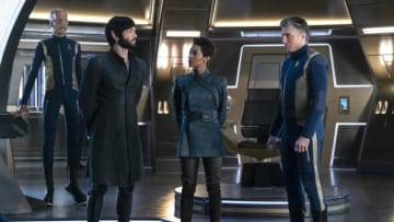"If Memory Serves" -- Ep#208 -- Pictured (l-r): Doug Jones as Saru; Ethan Peck as Spock; Sonequa Martin-Green as Burnham; Anson Mount as Captain Pike of the CBS All Access series STAR TREK: DISCOVERY. Photo Cr: Michael Gibson/CBS ÃÂ©2018 CBS Interactive, Inc. All Rights Reserved.