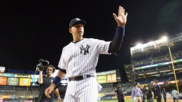 Jun 19, 2015; Bronx, NY, USA; New York Yankees designated hitter Alex Rodriguez (13) waves to fans after a game against the Detroit Tigers at Yankee Stadium. The Yankees defeated the Tigers 7-2 and Rodriguez hit a solo home run in the first inning, the 3000th hit of his career. Mandatory Credit: Brad Penner-USA TODAY Sports